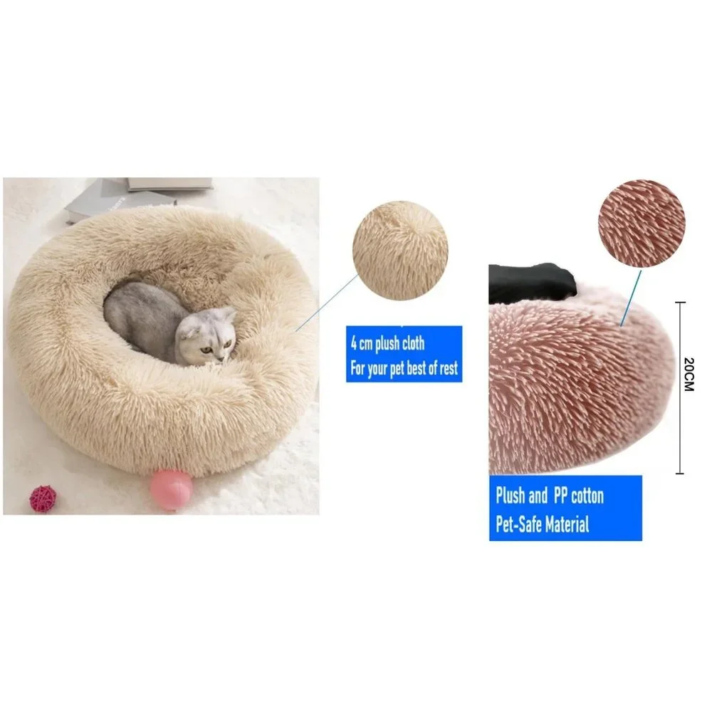 Donut Pet Bed 80cm XLarge Khaki Soft Warm Fluffy Cat Dog Bed